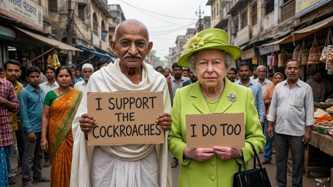 Gandhi and Queen Elizabeth II support the Cockroach Movement!